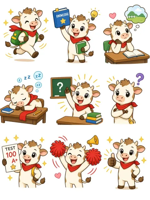 Sticker Set image example: Student Calf Chibi Sticker Emoji Grid