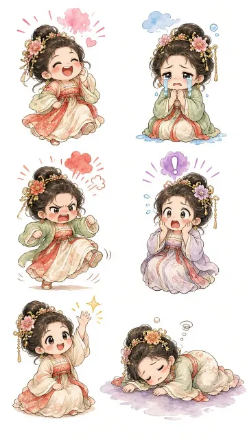 Sticker Set image example: Chibi Tang Dynasty Court Lady Watercolor Sticker Emoji Set