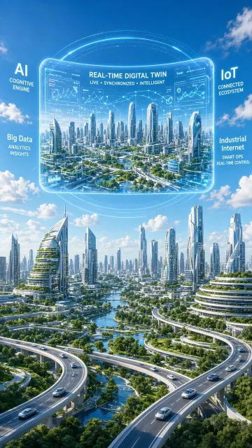 City Street Scene image example: Digital Twin Futuristic Smart City 3D Render Illustration
