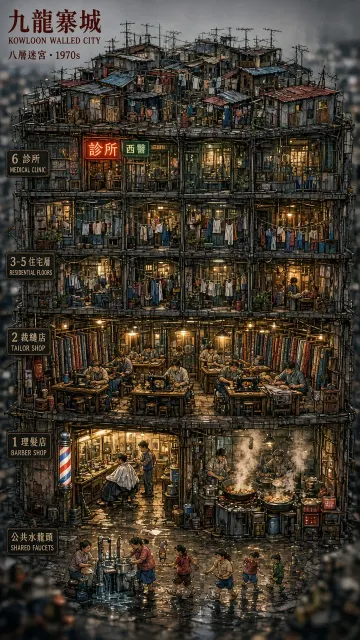 Detailed Architectural Cutaway Illustration of Kowloon Walled City