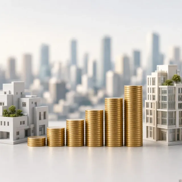 City Street Scene image example: Miniature Cityscape with Gold Coin Growth Bar Chart Creative Photography