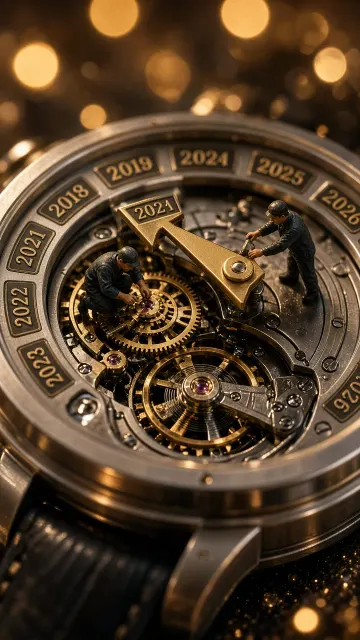 Miniature Watchmakers Adjusting Mechanical Clock New Year Illustration