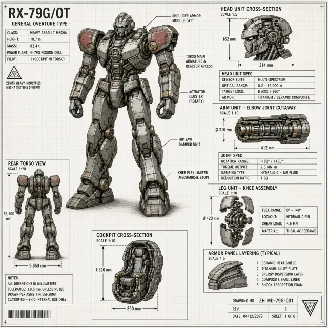 Technical Blueprint image example: Metallic Mecha Technical Blueprint Illustration