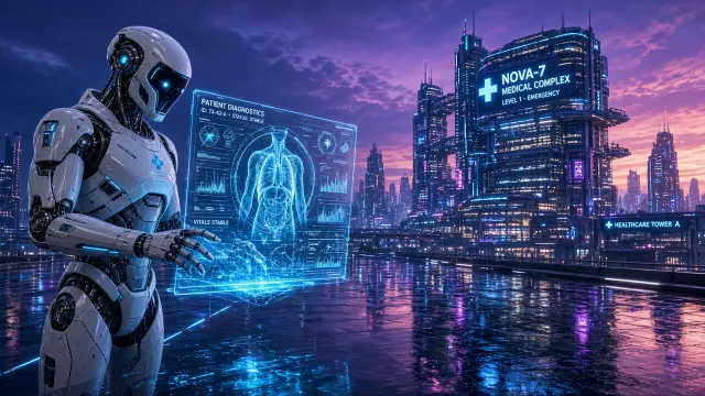 Cityscape & Street image example: Sci-Fi Medical Robot in Futuristic City Nightscape