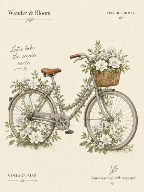 Flat Illustration Vintage Bicycle with Summer Blooms
