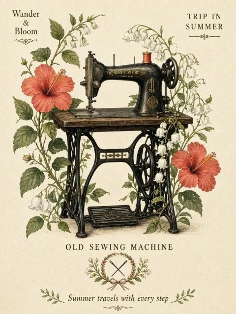 Flat Art image example: Flat Illustration Vintage Sewing Machine with Flowers