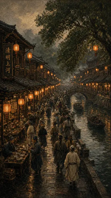 Historical image example: Realistic Dark Oil Painting of Song Dynasty Market