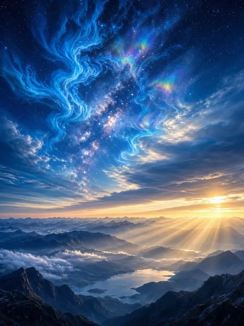 Epic Blue Starry Sky and Fiery Cloud Landscape