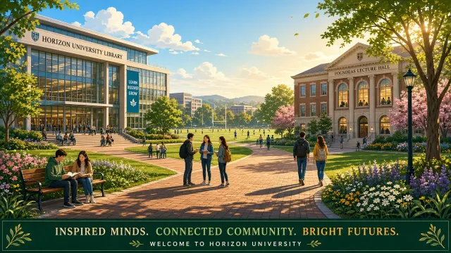 Campus Life image example: Sunlit Campus Life Scenic Illustration Poster