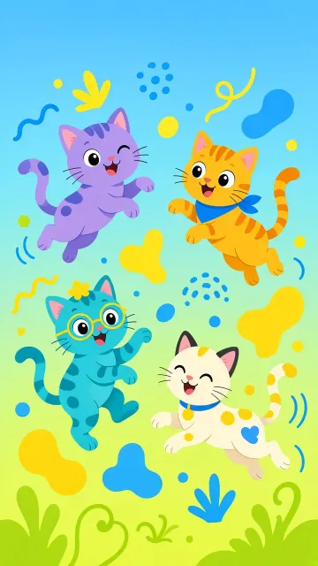 Energetic image example: Minimalist Cartoon Cats on Vibrant Gradient Wallpaper