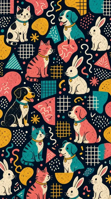 Energetic image example: Memphis Style Pets Vector Seamless Pattern