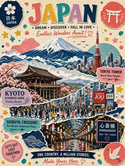 Dreamy Aesthetics image example: Torn Paper Collage Creative Japan Travel Poster