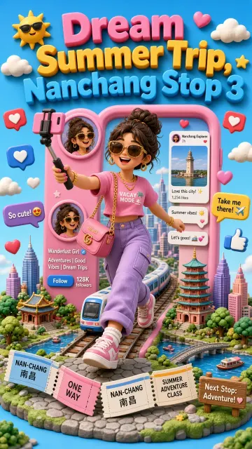 Travel Poster image example: 3D Whimsical Summer Travel Social Frame Poster