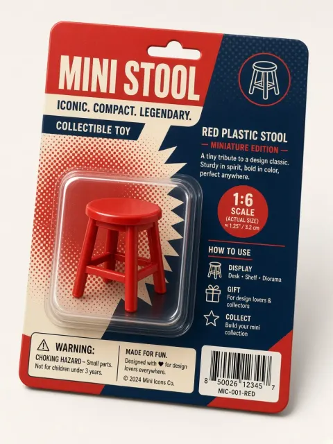Isometric View image example: Red Plastic Stool Toy Blister Card Packaging Display
