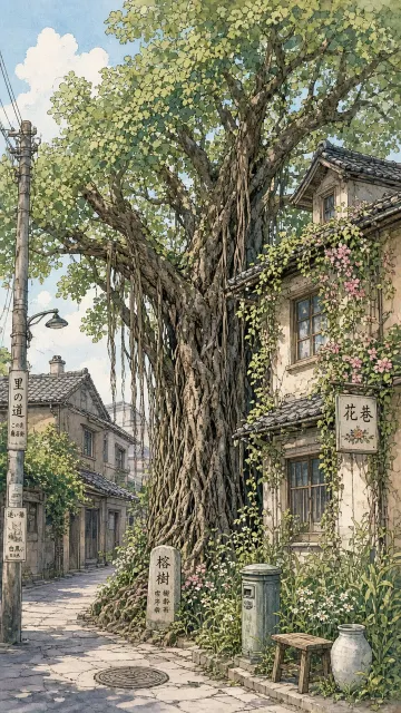Urban Street image example: Anime Line Art Illustration of City Corner Banyan Tree