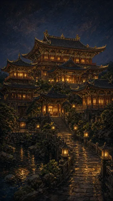 Realistic Oil Painting of Ancient Architecture at Night