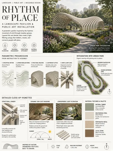 Close-Up image example: Parametric Landscape Pavilion Architectural Concept Board