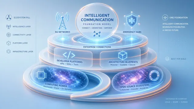 Logo Signage image example: Futuristic Circular Exhibition Stand AI Ecosystem Blueprint