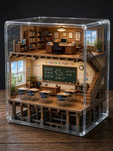Isometric Diorama image example: 3D Stylized Crystal Cube Classroom Diorama