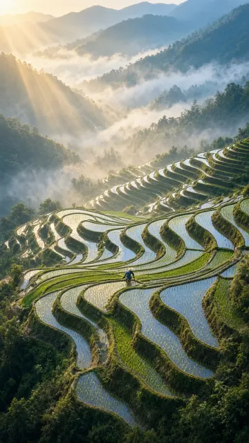 High Angle Terraced Fields Rice Seedlings Grain in Ear Poster