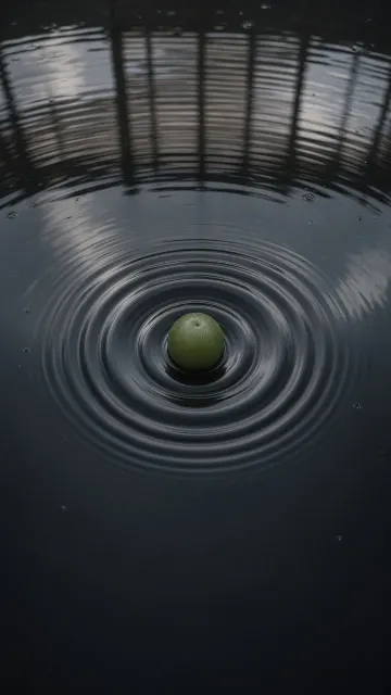 Green Plum Dropping on Water Concentric Ripples Minimalist Photography