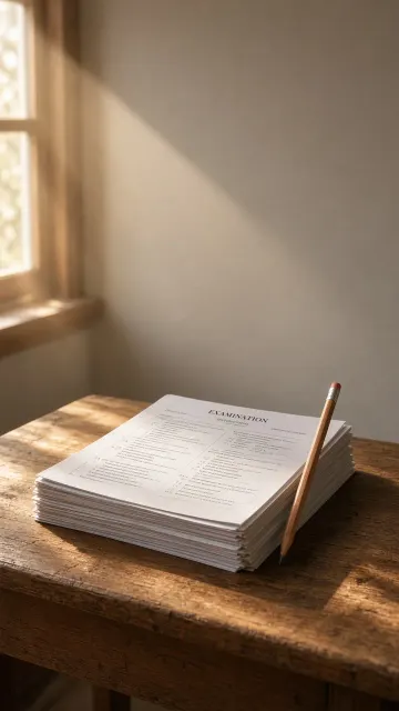 Desk Exam Paper Stack and Pencil Study Poster