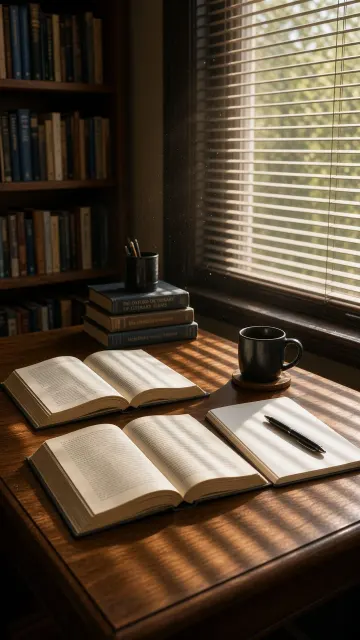 Library image example: Library Window Wooden Desk Books and Blinds Shadows