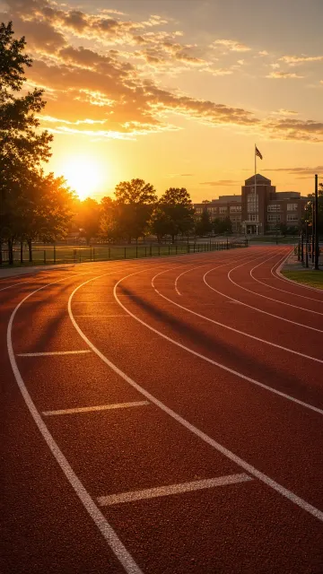 Sunset image example: Dusk School Running Track and Warm Building Silhouette