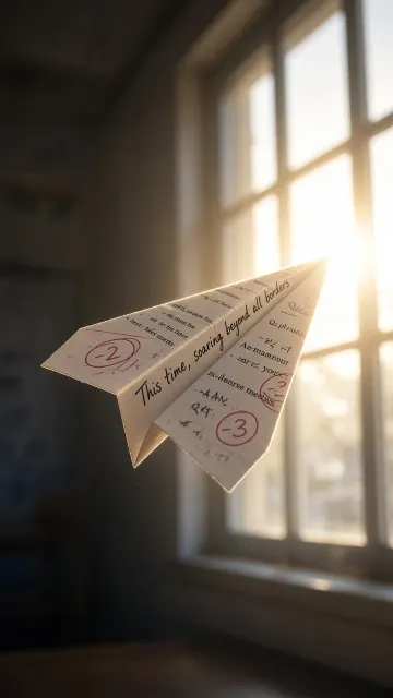 backlit image example: Paper Airplane Folded from Exam Paper Flying Toward the Light