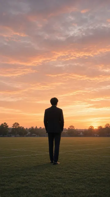 High School Student Gazing at Sunset Sports Field