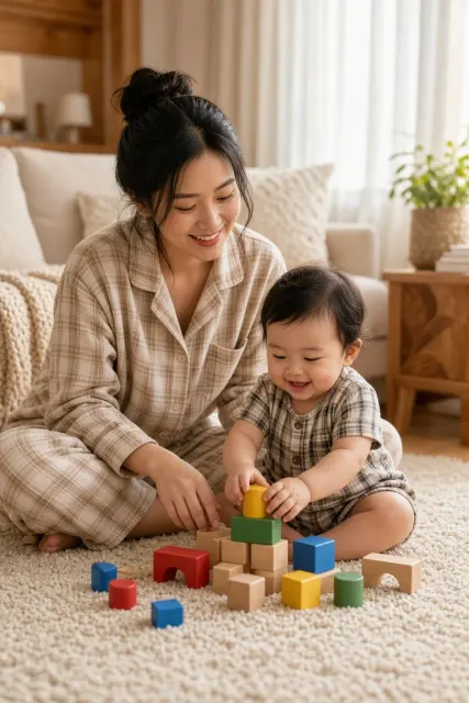 Soft Natural Light image example: Natural Wood Living Room Mother and Baby Playing with Blocks