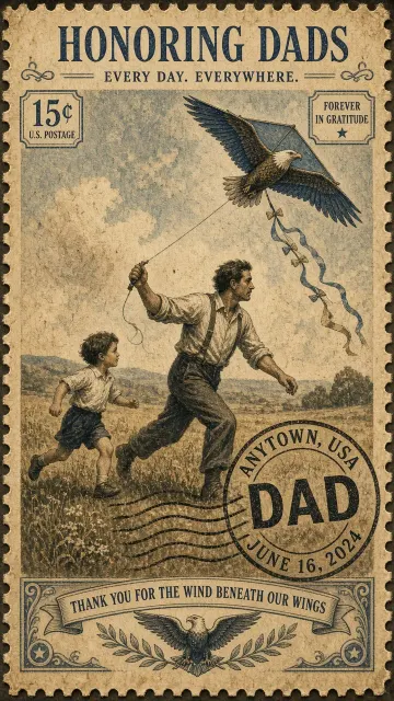 Nostalgia image example: Vintage Postage Stamp Father and Child Flying Kite Illustration