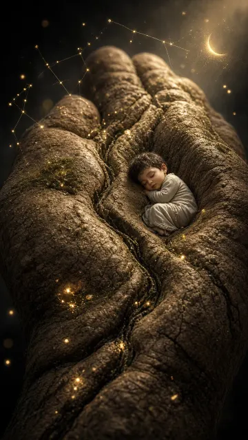 Surreal Giant Palm with Sleeping Miniature Child Illustration