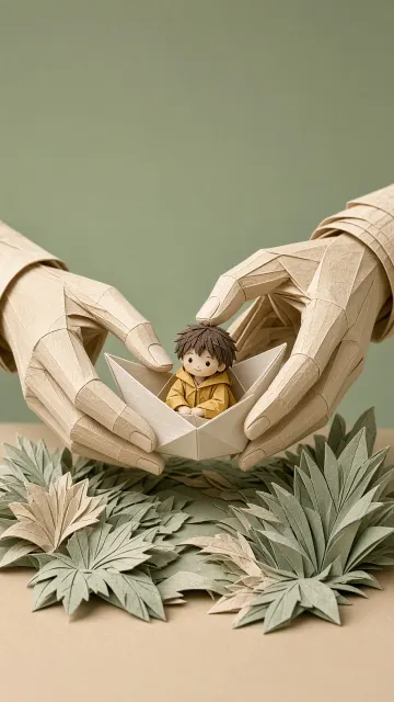 Origami Paper Craft Hands Folding Paper Boat Still Life