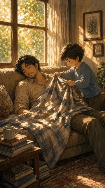 Cozy Atmosphere image example: Anime Afternoon Study Father Sleeping with Blanket Illustration