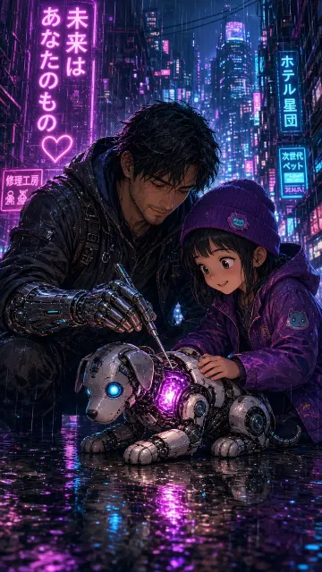 Anime Manga image example: Cyberpunk Father with Bionic Arm Repairing Robot Illustration