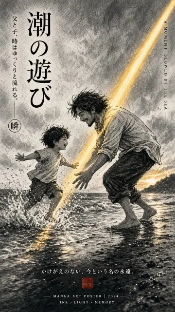 Dramatic Contrast image example: Silver Gelatin Manga Beach Father and Son Poster