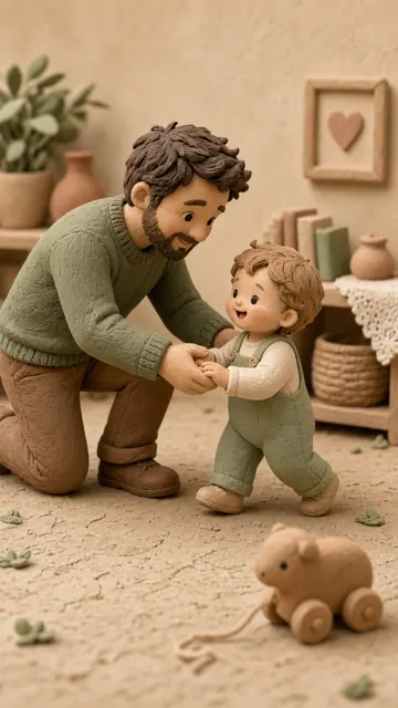 Heartwarming image example: Handmade Clay Father Teaching Child to Walk