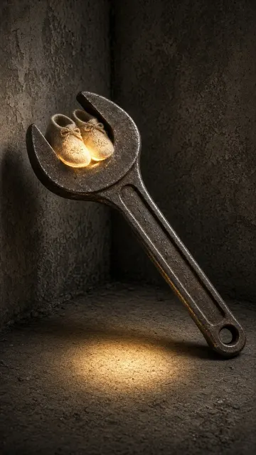 Vintage Wrench Holding Glowing Child Shoes