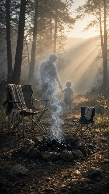 Morning Campfire Smoke Father and Child Silhouette