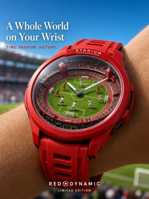 3D Surrealism image example: Microcosm Wristwatch Miniature Soccer Field Advertisement