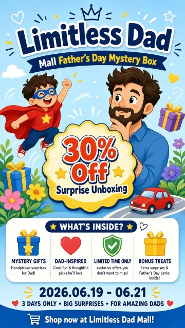 Flat Illustration image example: Whimsical Flat Illustration Father's Day Mystery Box Poster