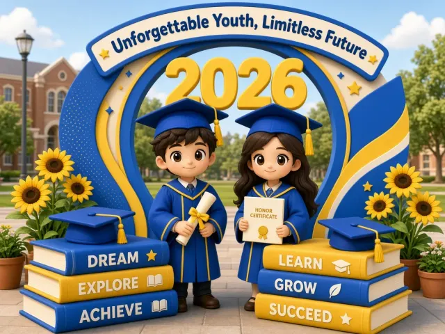 Celebration image example: 3D Cartoon Graduation Photo Booth Stage Installation