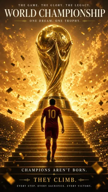 Golden Glow image example: Photorealistic 3D World Championship Trophy Poster
