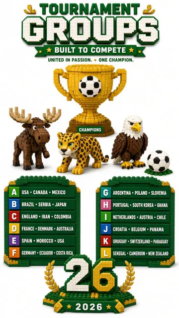 Metallic Gold image example: Toy Brick Style Soccer Tournament Groups Poster