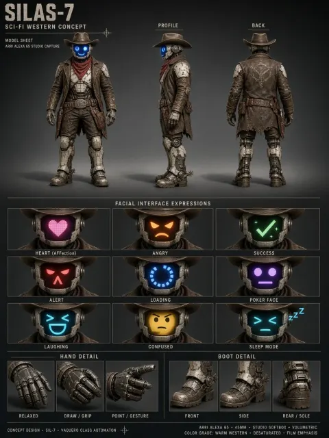 Neon Lighting image example: Cinematic Sci-Fi Robot Cowboy Character Sheet