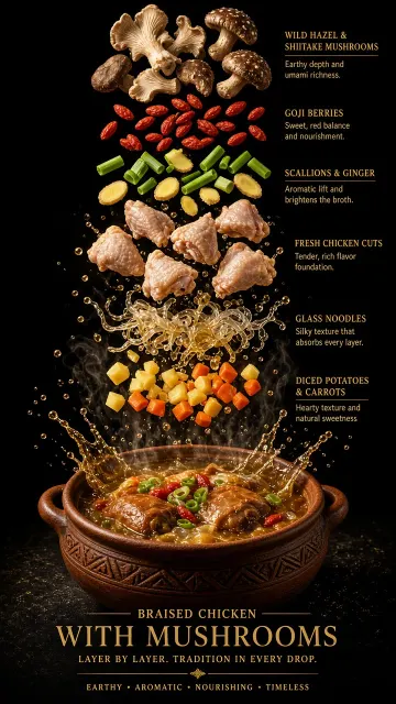 Central Symmetry image example: Deconstructed Braised Chicken and Mushrooms Food Poster