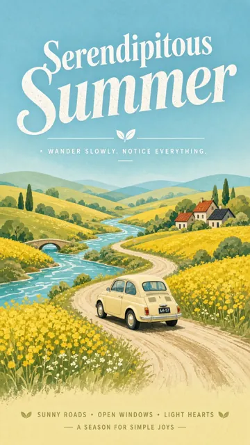 Oil Painting image example: Flat Textured Summer Pastoral Poster with Vintage Car