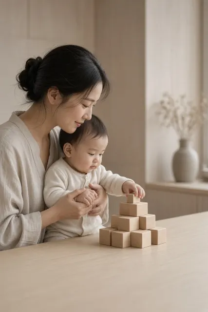 Interior Space image example: Mother and Baby Playing with Wooden Blocks in Morandi Tones