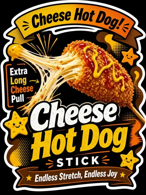 Dark Mood image example: Die-Cut Sticker Style Cheese Hot Dog Poster